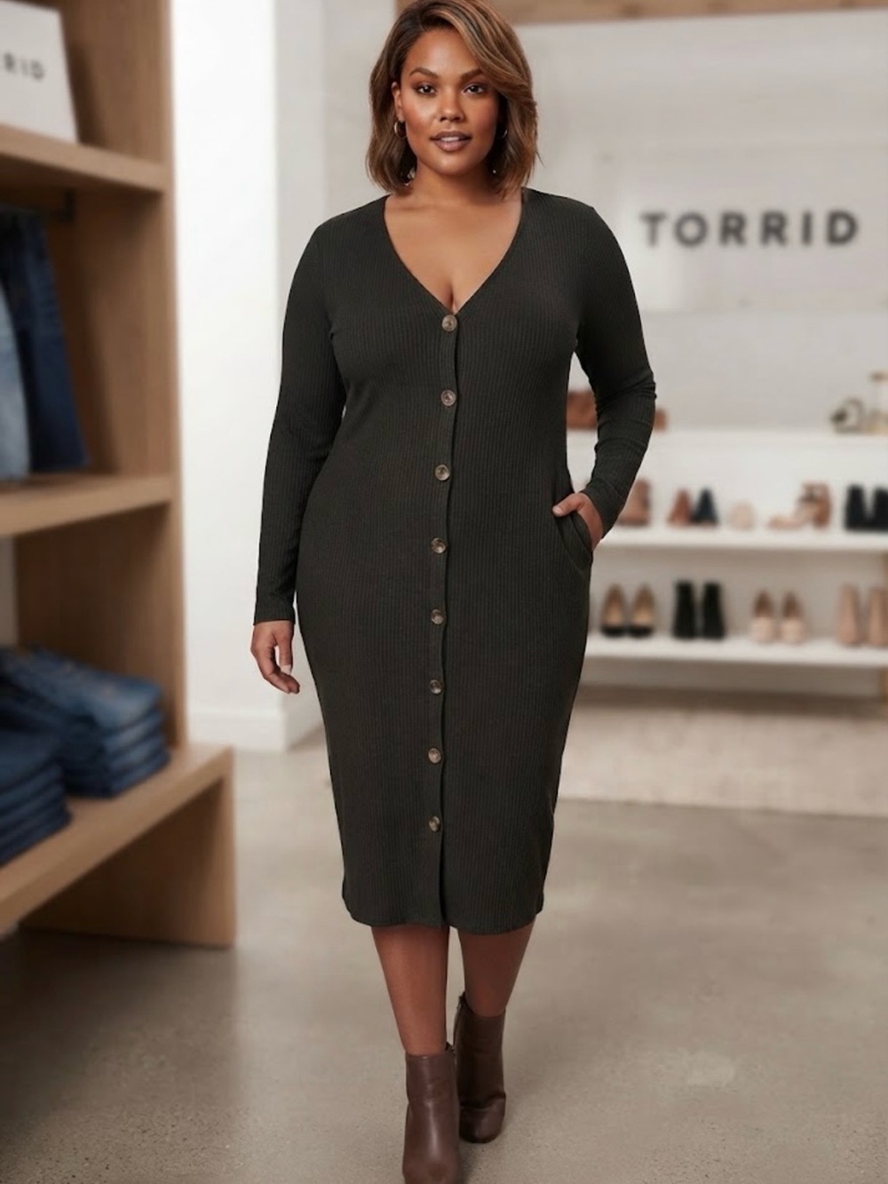 torrid NWT Olive long Sleeve Button-Down Ribbed Midi Dress